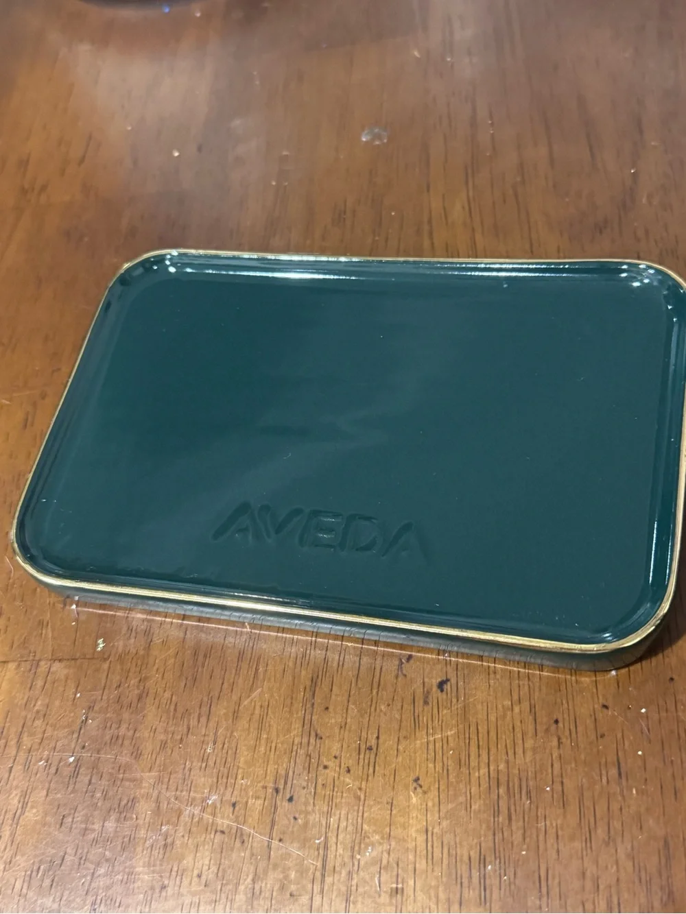 AVEDA bar soap or trinket dish Dark Green Metal Tray with Gold Edge